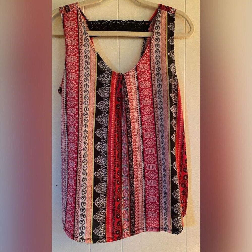 Bobbie Brooks Blouse Women’s Large Red & Black Sleeveless Lace Paisley Floral